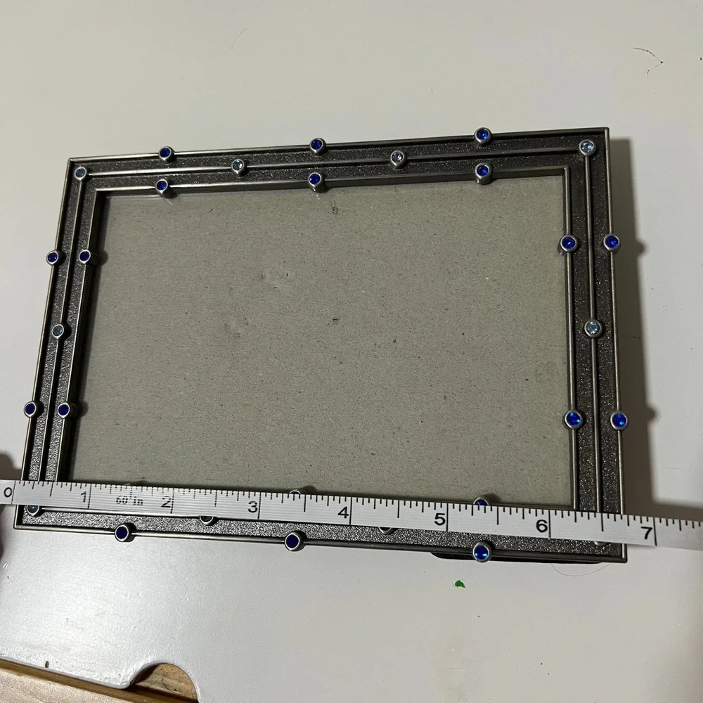 Elsa‎ L Inc Pewter Bejeweled Picture Frame Blue Crystals Textured Metal 4x6